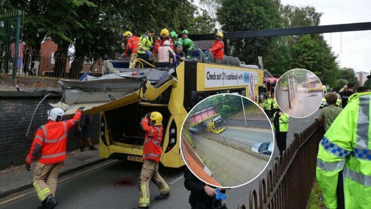 Wypadek autobusu w Manchesterze dach zerwany na niskim moście