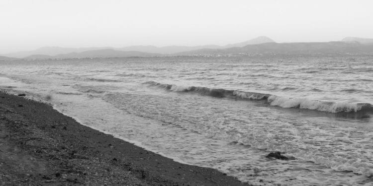 a black and white photo of a beach