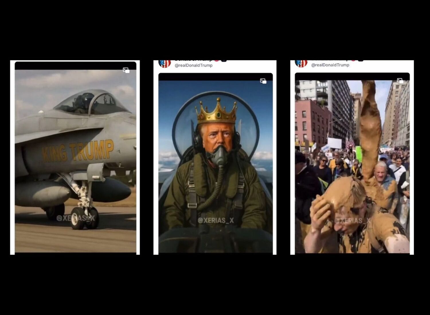 Donald Trump szokuje „Król Trump” zrzuca błoto na protestujących – najnowszy film AI w social mediach