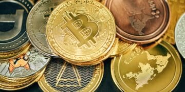 a pile of gold and silver bitcoins