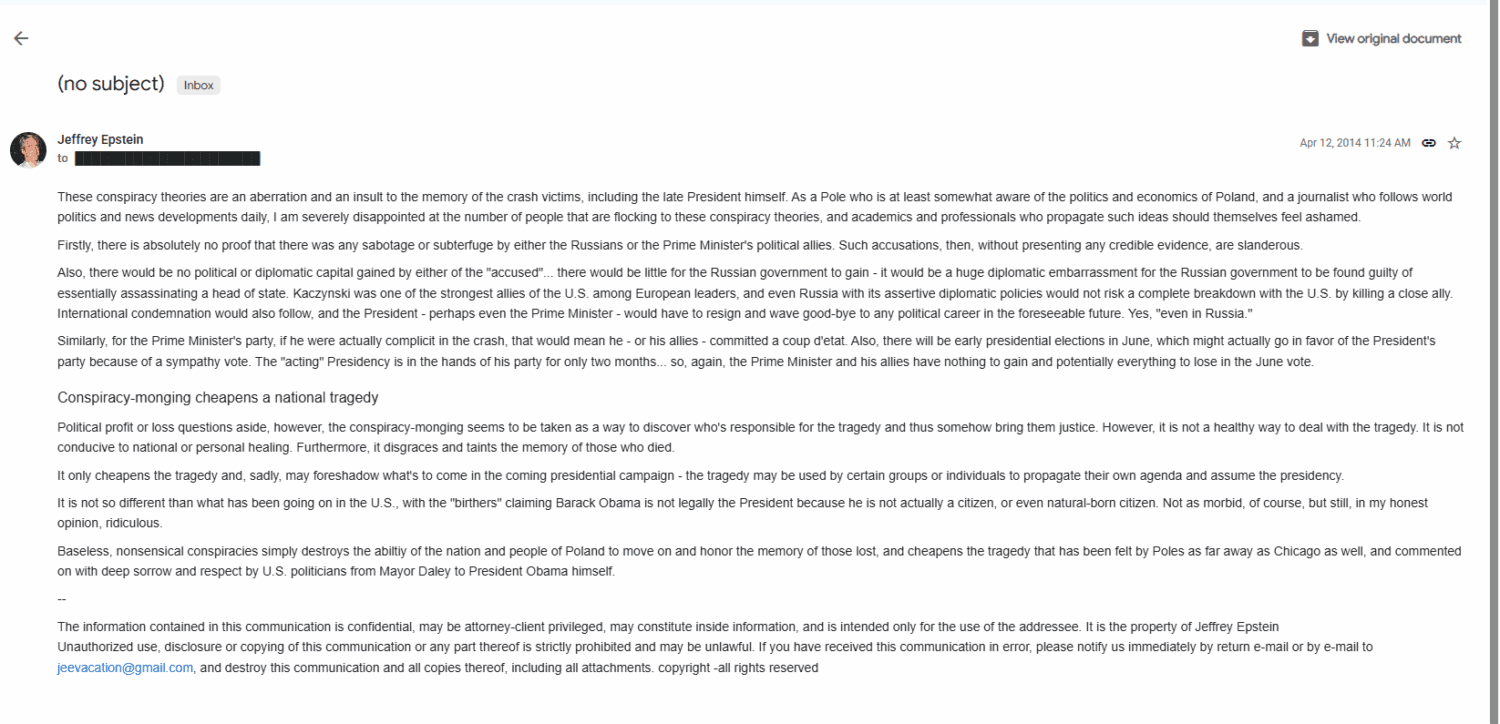 Jeffrey Epstein mail o smoleńsku