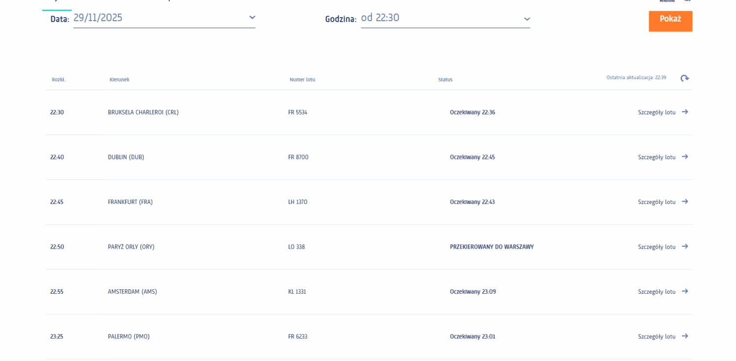 Tablica przylotów Kraków Airport 29 Listopada godzina 22:40