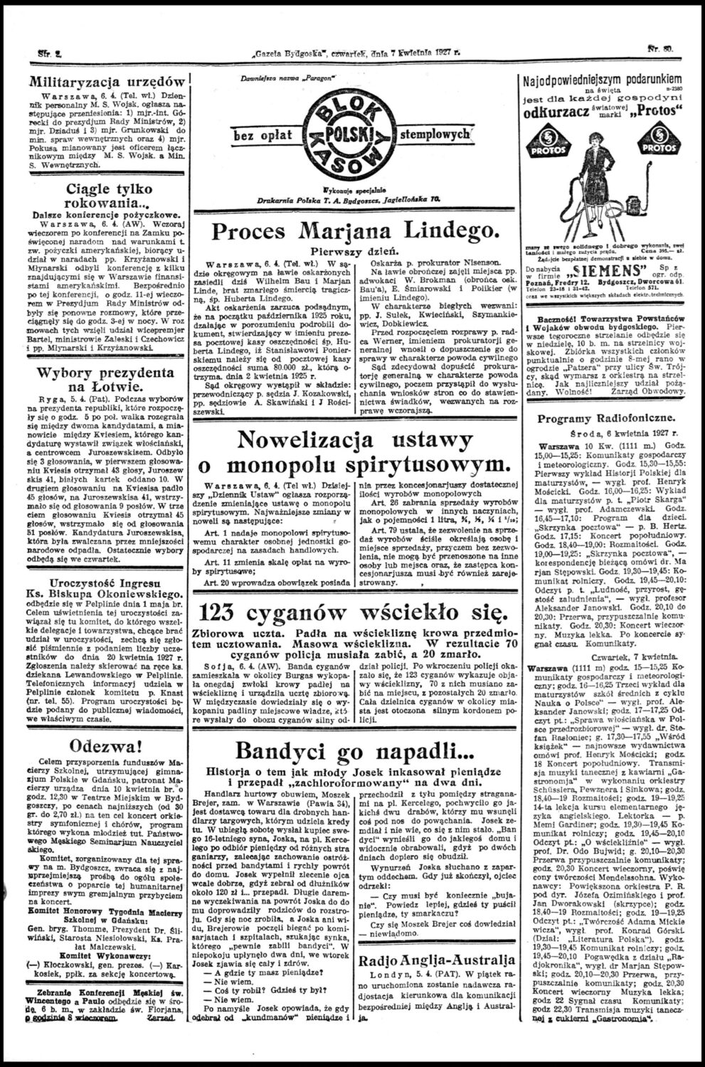 Szalona epidemia wścieklizny. 123 Cyganów oszalało po wykopaniu i zjedzeniu chorej krowy Gazeta Bydgoska R. 6 nr 80 (7 kwietnia 1927) + dod. polona.pl