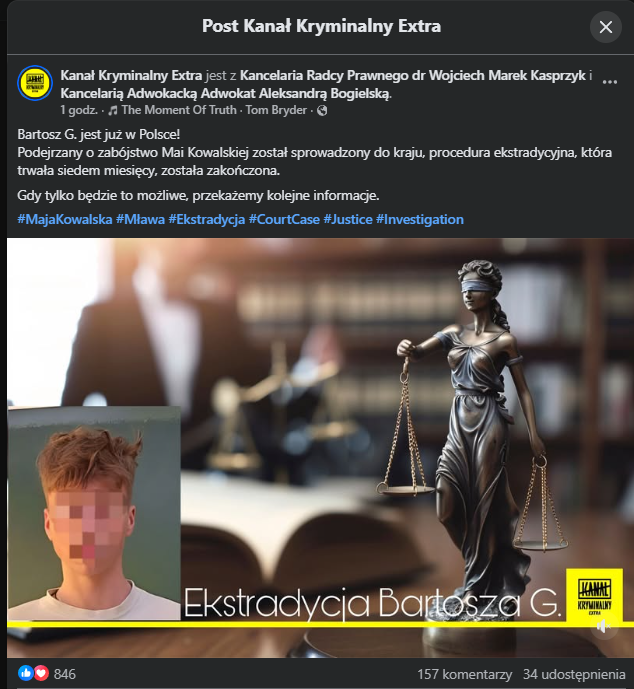 Bartosz G. jest już w Polsce. Podejrzany o zabójstwo 16-letniej Mai sprowadzony do kraju po 7-miesięcznej batalii ekstradycyjnej