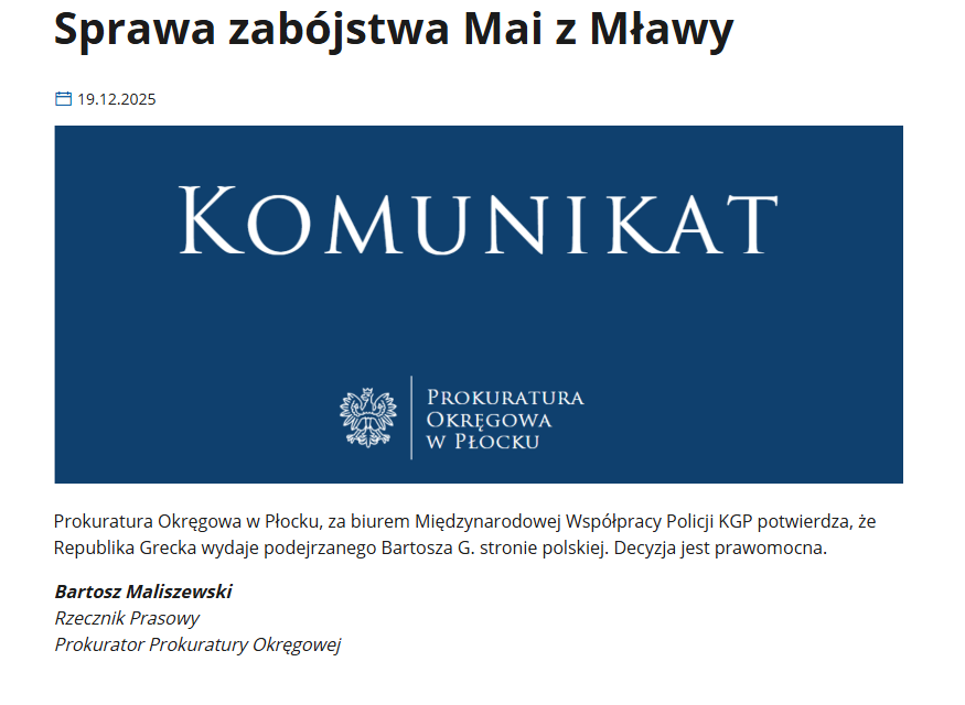 Bartosz G. jest już w Polsce. Podejrzany o zabójstwo 16-letniej Mai sprowadzony do kraju po 7-miesięcznej batalii ekstradycyjnej