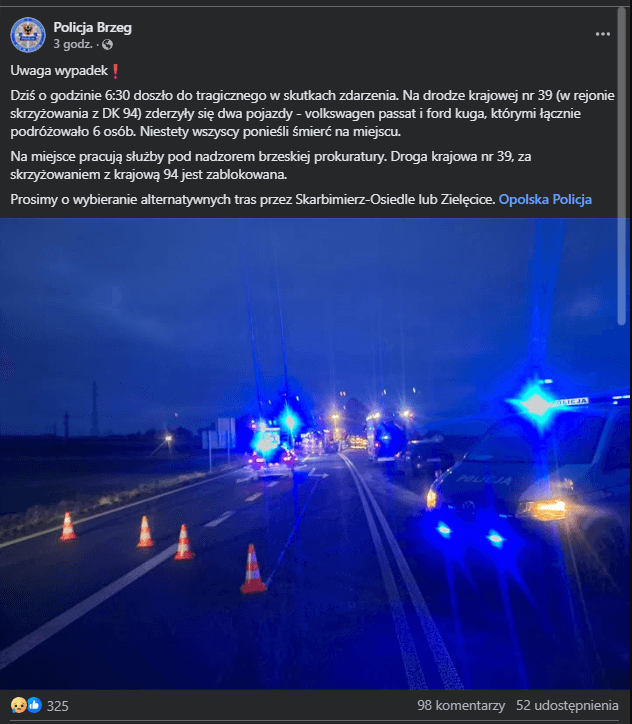 Bożonarodzeniowa tragedia pod Brzegiem. Sześć osób zginęło w wypadku drogowym