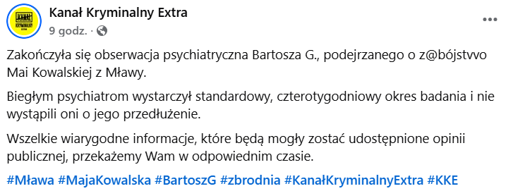 Zakończyła się obserwacja psychiatryczna Bartosza G. – co dalej w sprawie brutalnego zabójstwa Mai z Mławy?