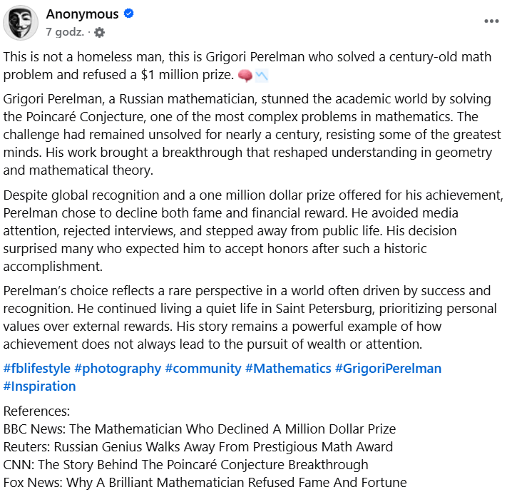Grigorij Perelman: a genius who solved a hundred-year-old problem and refused a million dollars
